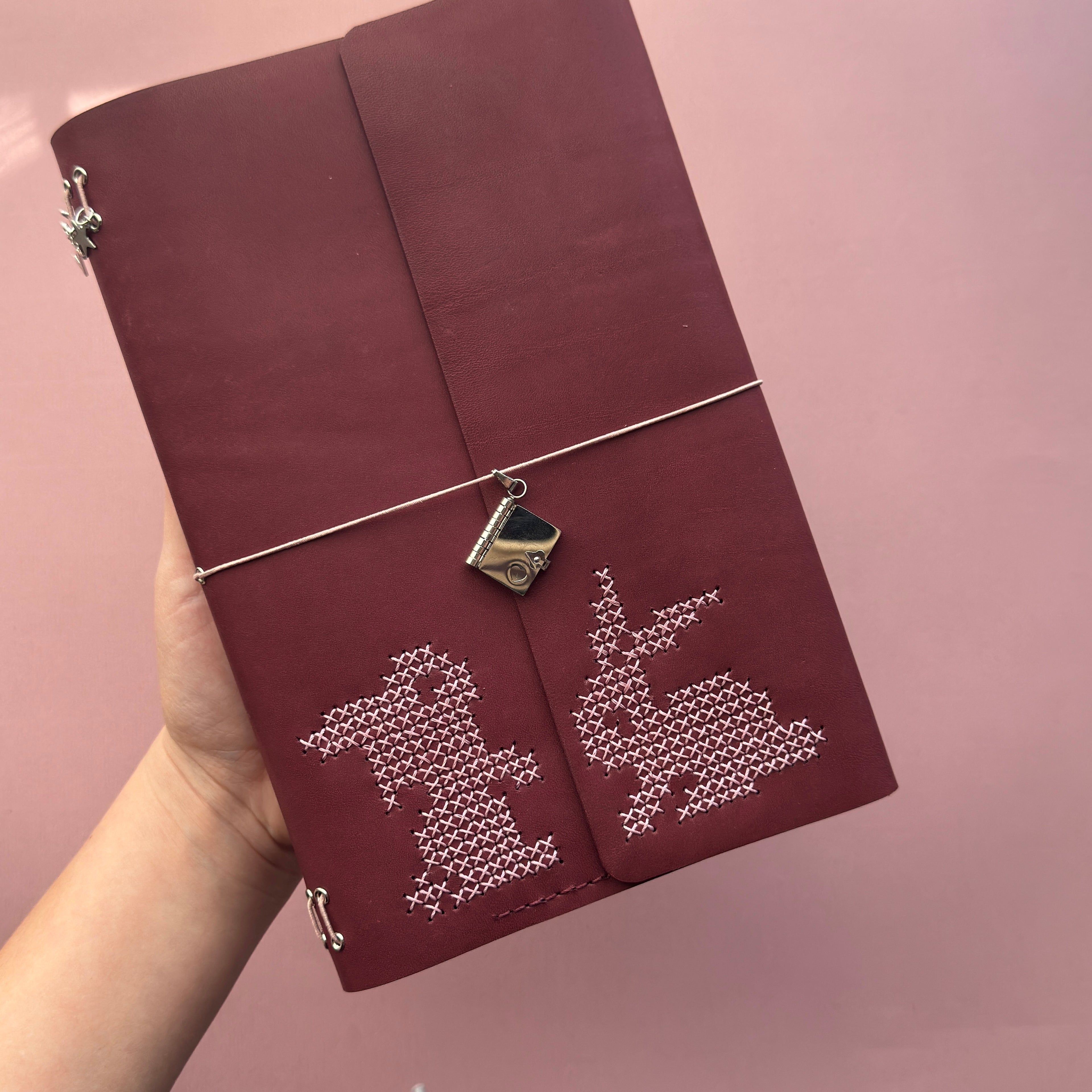 Bunny Stitch Magenta Leather Journal | Trifold A5 Size