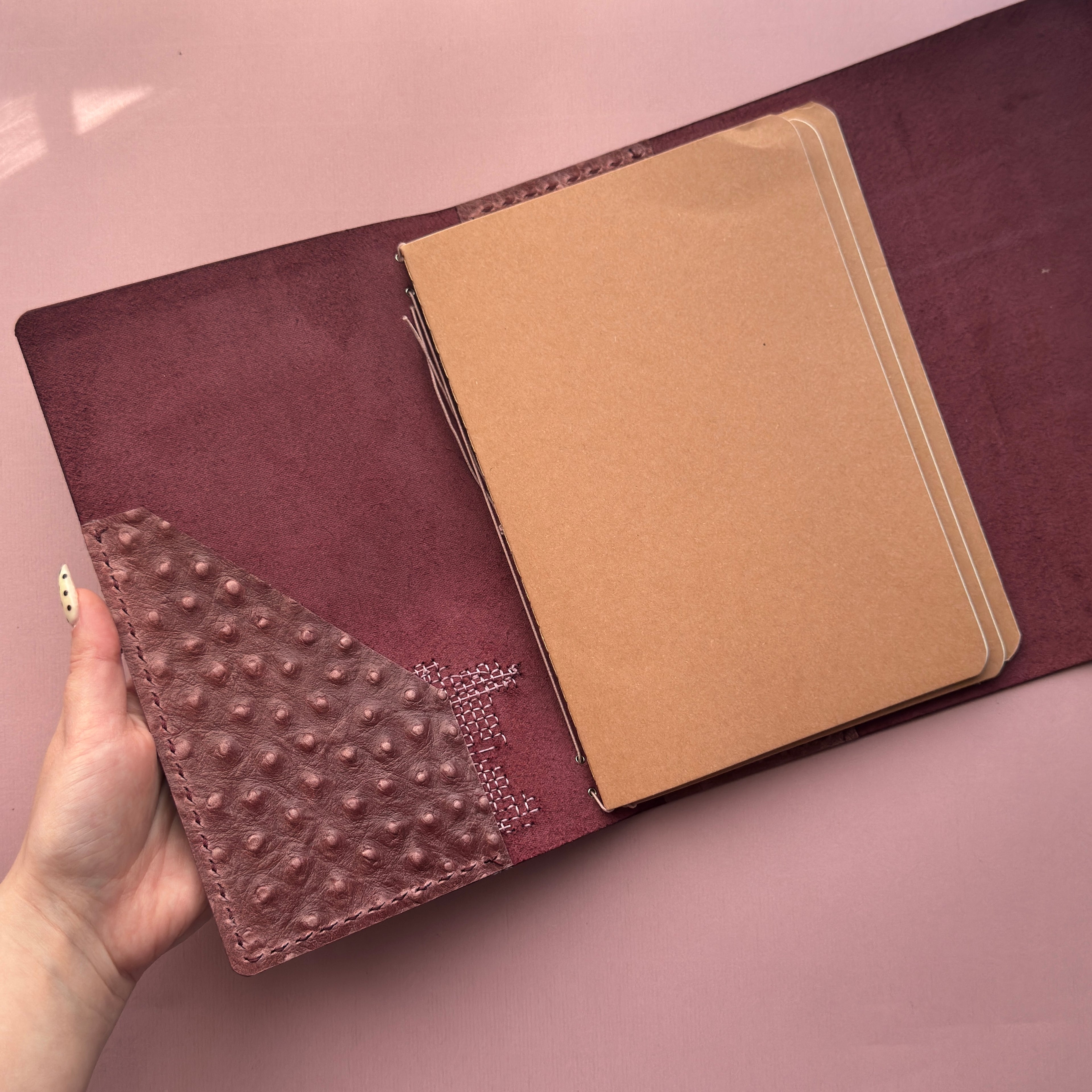 Bunny Stitch Magenta Leather Journal | Trifold A5 Size